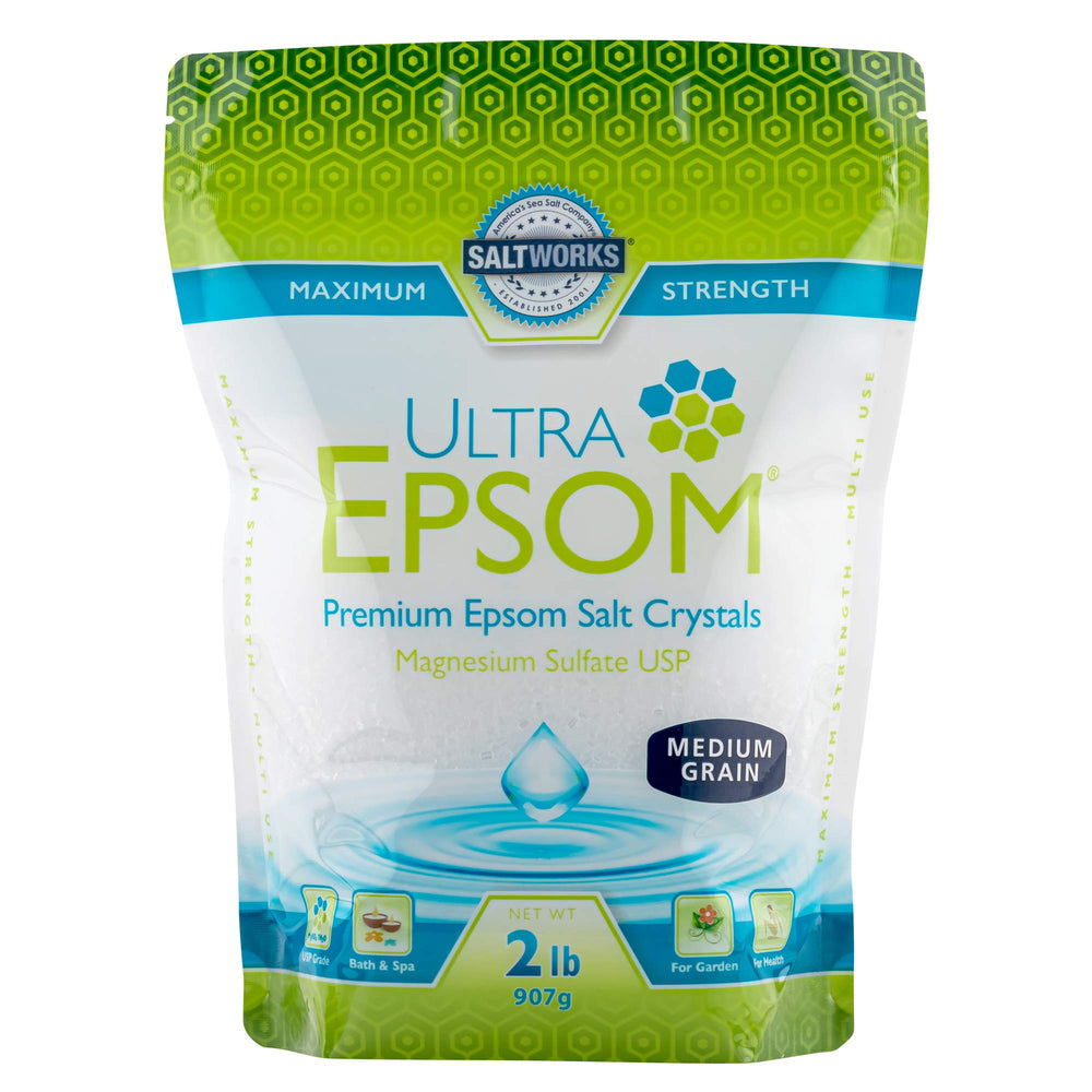 SaltWorks Ultra Epsom medium grain bath salt 2 lb bag for relaxing soaks.
