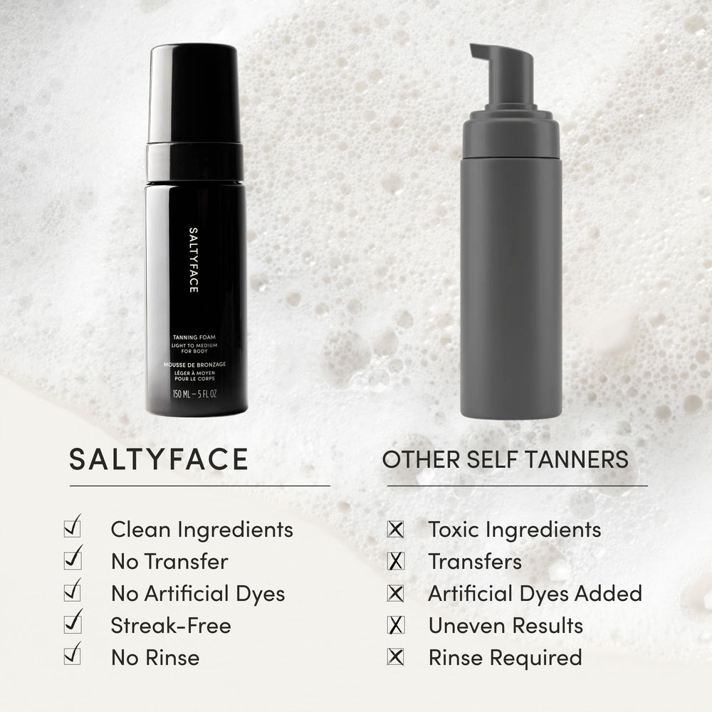 Saltyface tanning foam arm-application for front-to-back blending.