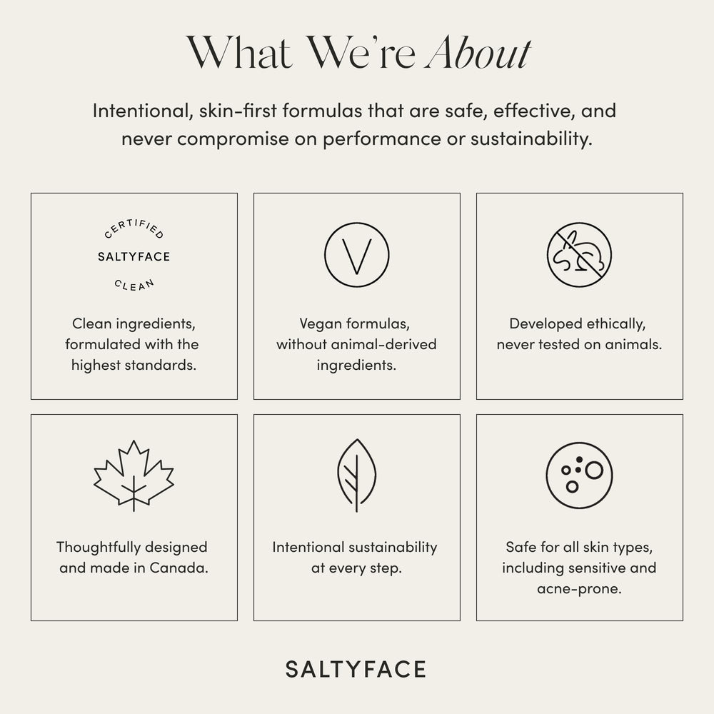 Saltyface tanning foam ingredients label highlights vegan, clean beauty.