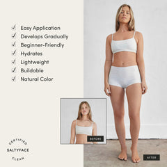 Saltyface tanning foam leg-application demonstrates smooth, even blending on legs.