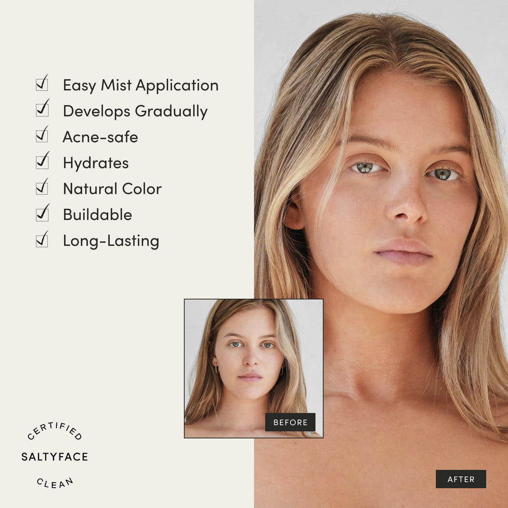 SALTYFACE tanning water face application demonstrates natural gradual color