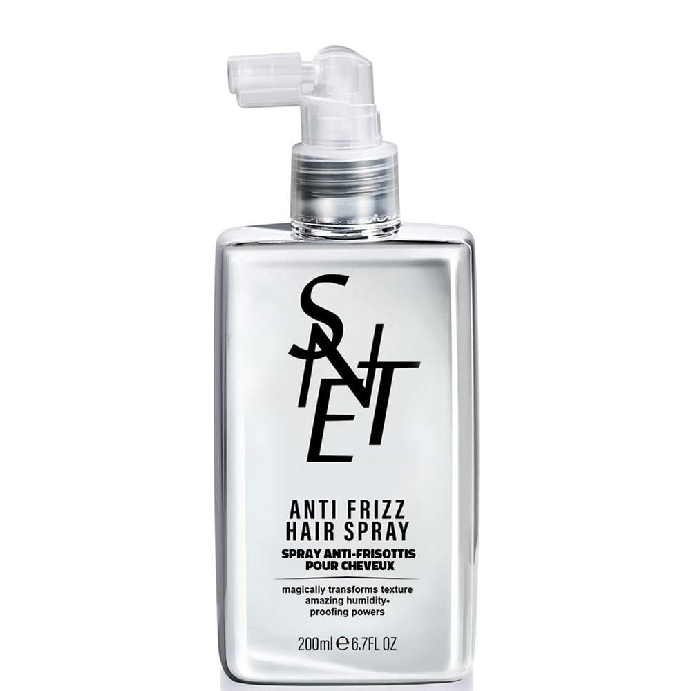 Samnyte anti-frizz smoothing spray bottle for humidity control and shine.
