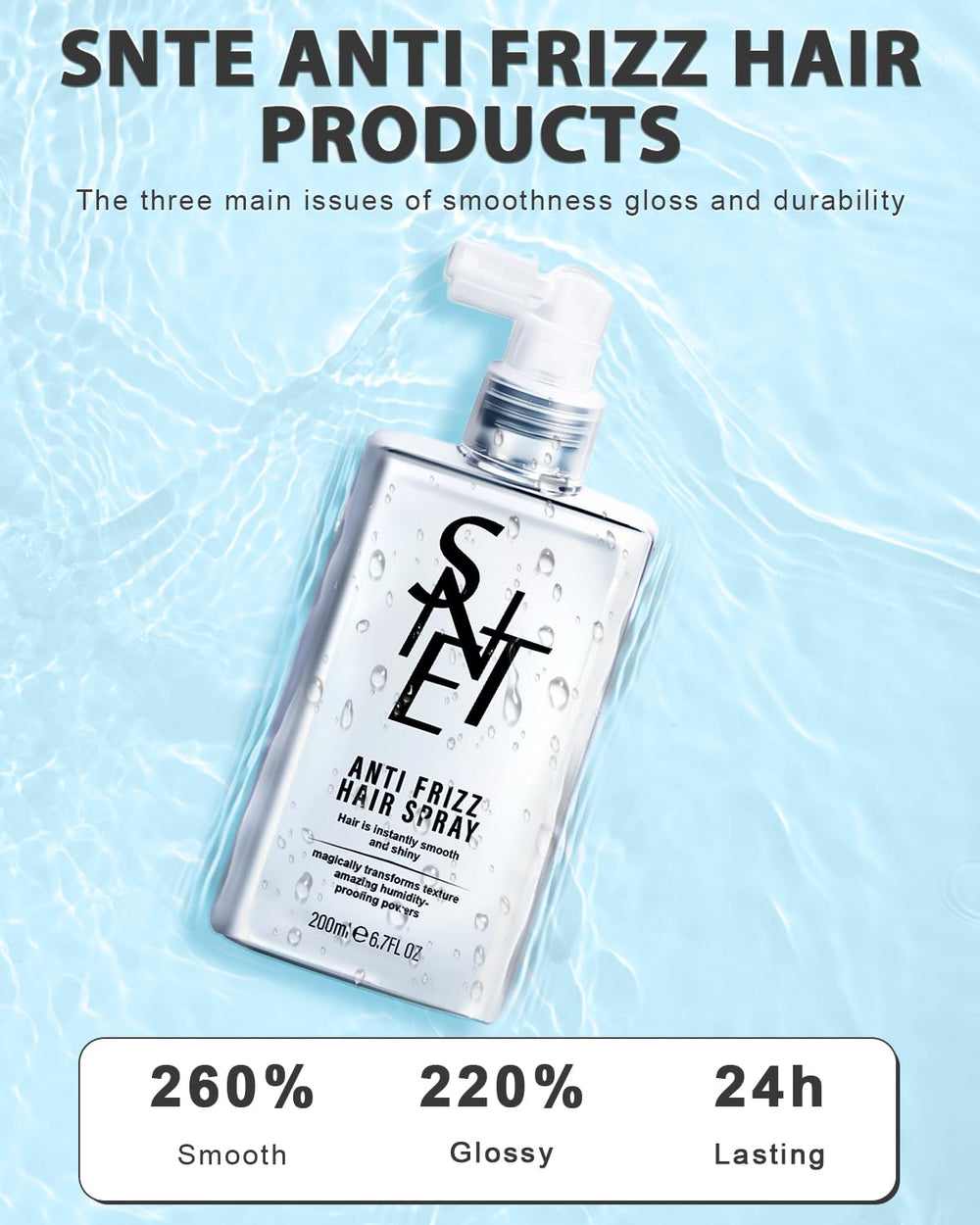 Samnyte anti-frizz smoothing spray mist provides heat protection during styling.