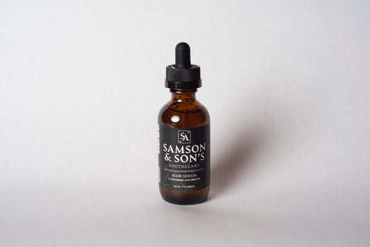 Samson's Apothecary hair regrowth serum bottle front view promoting a fuller look.