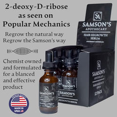 Samson's Apothecary hair regrowth serum bottle side view on compact 60 mL.
