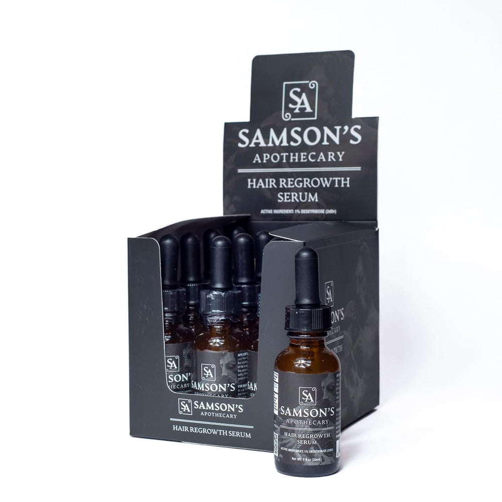Samson's Apothecary hair regrowth serum bottle with clean label for daily use.