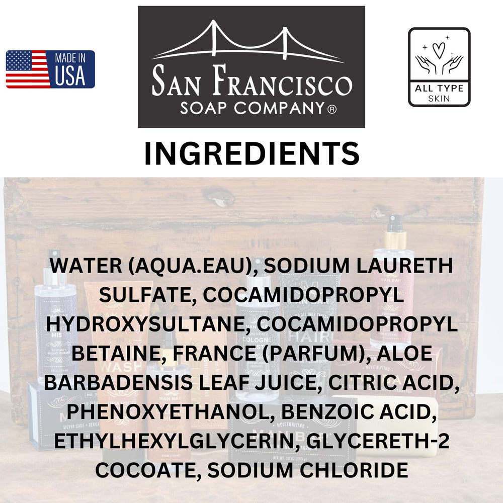 San Francisco Soap Company Exotic Musk & Sandalwood label detail communicates premium grooming ritual.