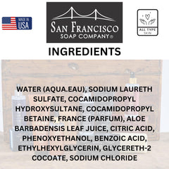 San Francisco Soap Company Exotic Musk & Sandalwood label detail communicates premium grooming ritual.