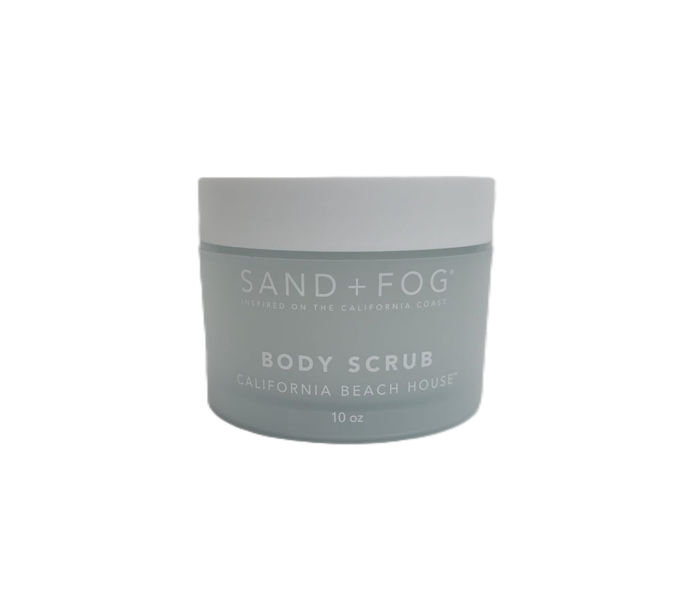 Sand and Fog California Beach House Body Scrub jar for exfoliation and hydration.