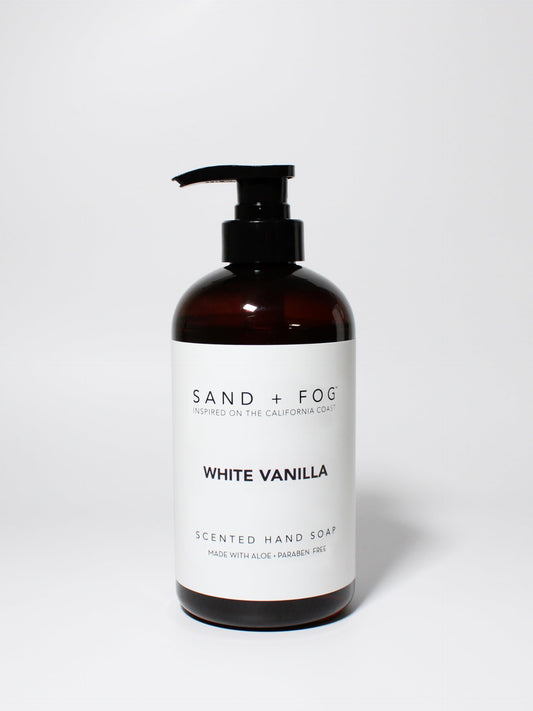 Sand + Fog White Vanilla bottle closeup showing nourishing hand care