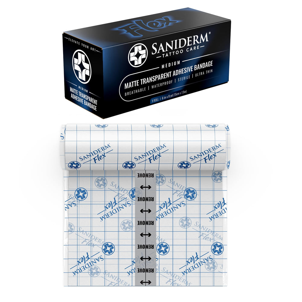 Saniderm Flex tattoo bandage with matte finish protecting a fresh tattoo.