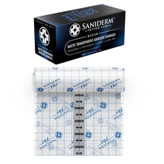 Saniderm Flex tattoo bandage with matte finish protecting a fresh tattoo.