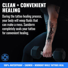 Saniderm Original bandage application shown for mess-free aftercare.