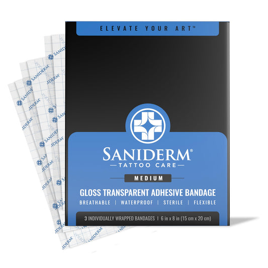 Saniderm Original bandage packaging shown for clean tattoo care