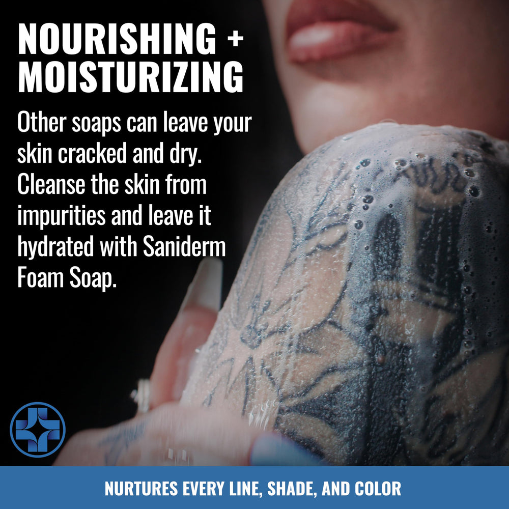 Saniderm Tattoo Bandages pack complements the soap for aftercare.
