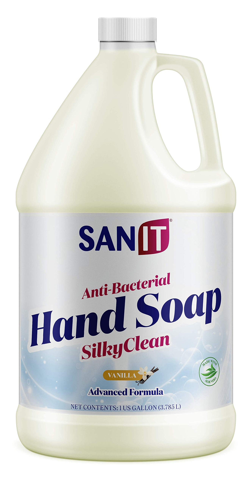 Sanit Silky Clean bottle pour shows creamy coconut oil hand soap for daily use.
