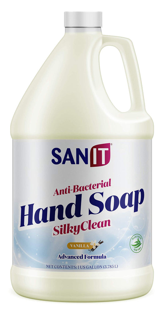 Sanit Silky Clean bottle pour shows creamy coconut oil hand soap for daily use.