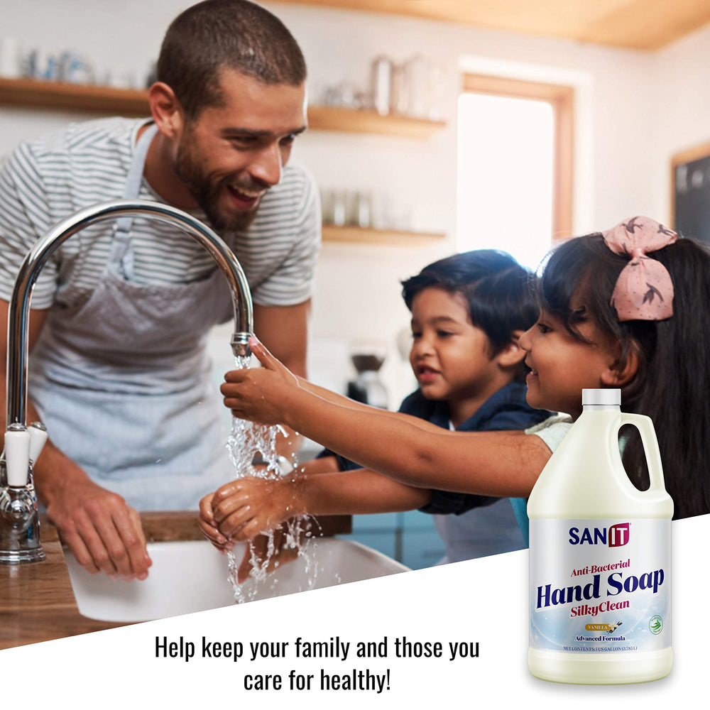 Hand under running water with rich lather from Sanit Silky Clean.