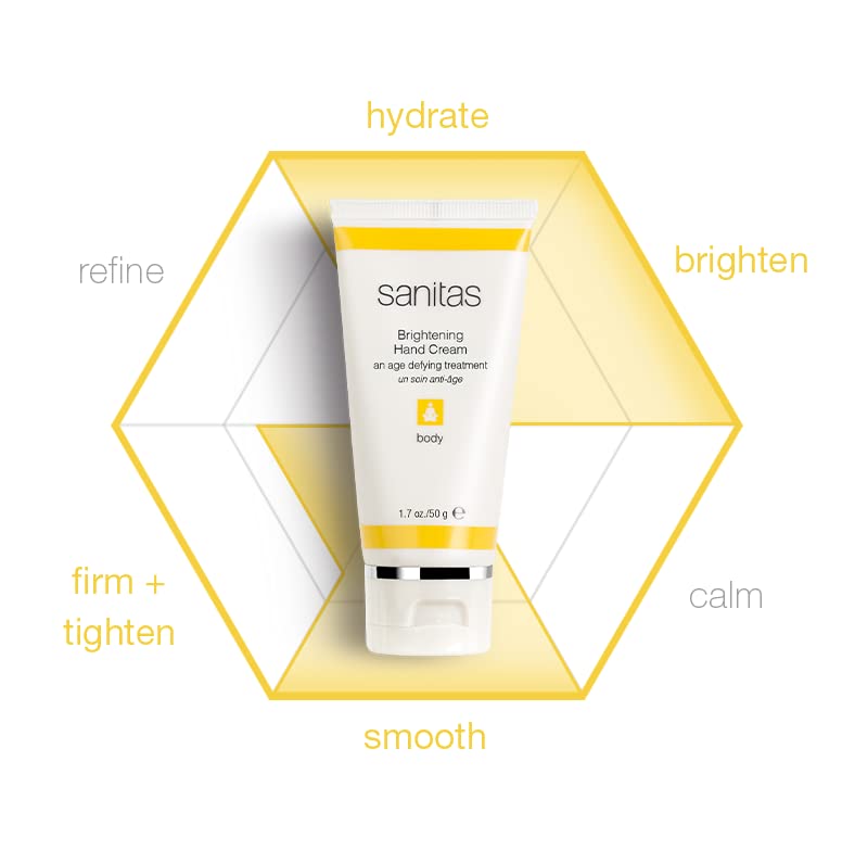 Sanitas Brightening Hand Cream being applied to hands to hydrate and refresh.