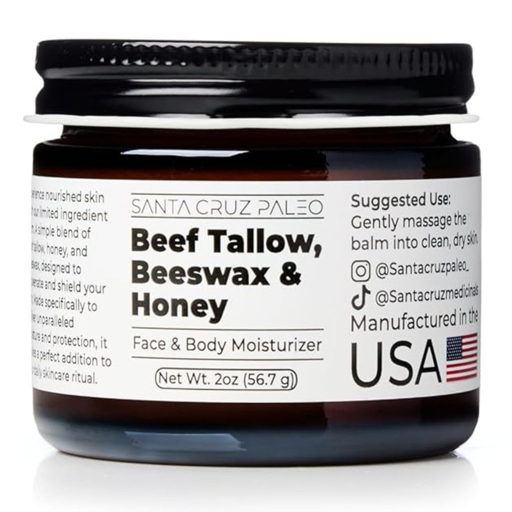 Santa Cruz Paleo beef tallow honey moisturizer in a jar for daily facial hydration.