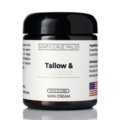 Santa Cruz Paleo suet tallow coconut moisturizer jar close-up, unscented formula for sensitive skin