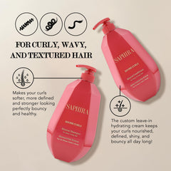 Saphira Divine Curls conditioner bottle provides detangling slip for soft, manageable hair.