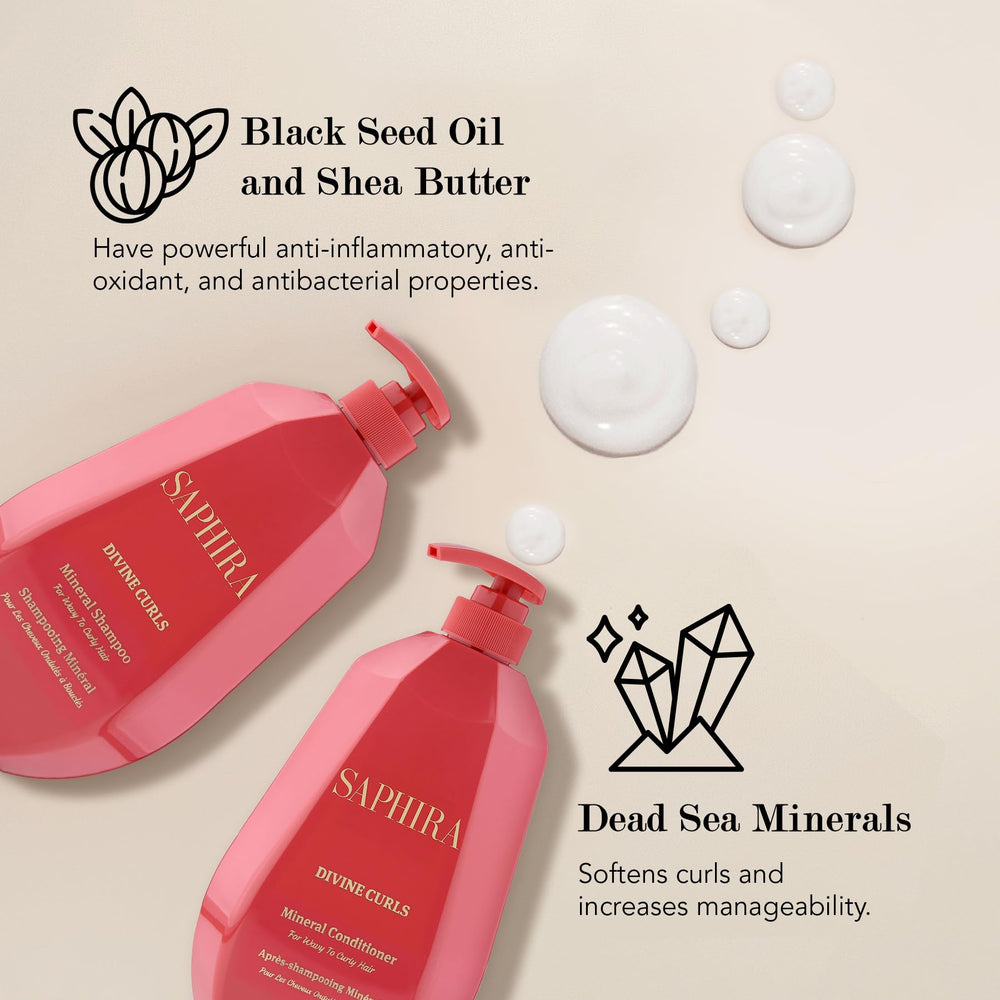 Saphira Divine Curls shampoo lather shows gentle cleansing for curly hair.
