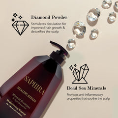 Saphira Healing Repair Shampoo label illustrates 26 minerals for moisture.