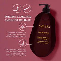 Saphira Healing Repair Conditioner texture close-up shows creamy formula for smooth detangling.