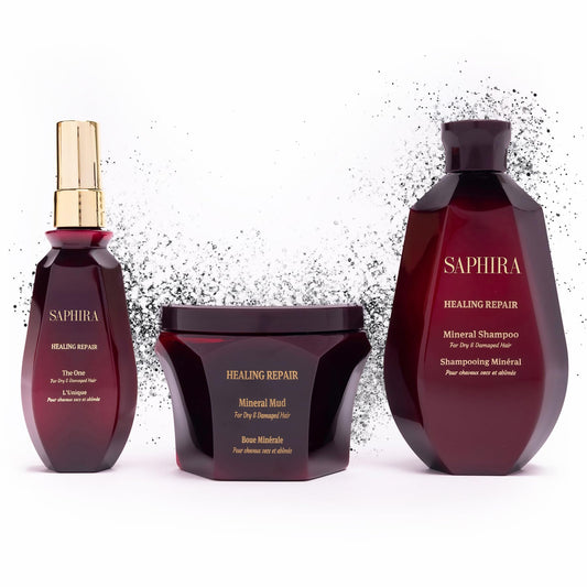 Saphira Healing Repair Kit shampoo bottle for gentle cleansing and shine.