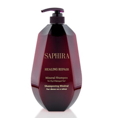 Saphira Healing Repair Shampoo bottle shown, emphasizing 34oz size for long-lasting hydration.