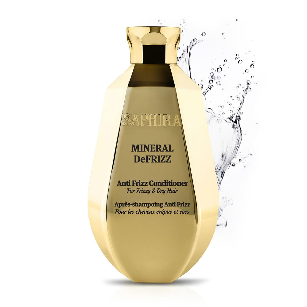 Saphira Mineral DeFrizz conditioner bottle for frizz control and smooth shine.