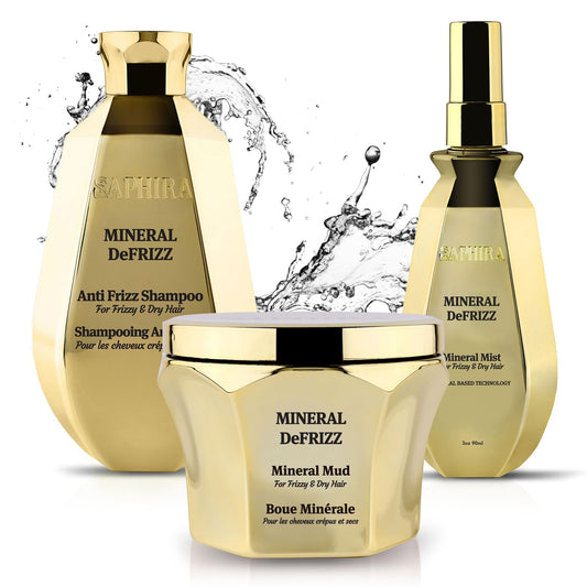 Saphira Mineral DeFrizz Shampoo bottle for smooth hair.