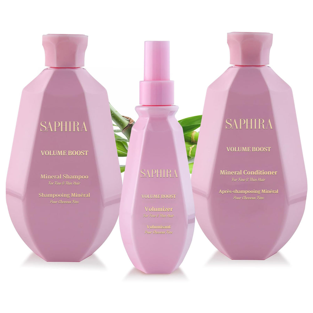 Saphira Volume Boost Kit shampoo bottle showing body-enhancing formula for fuller-looking hair