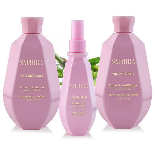 Saphira Volume Boost Kit shampoo bottle showing body-enhancing formula for fuller-looking hair