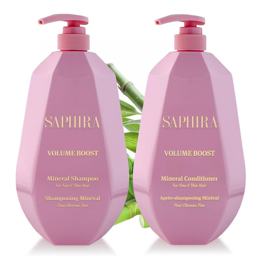 Saphira Volume Boost Shampoo bottle showing lightweight formula for fuller hair