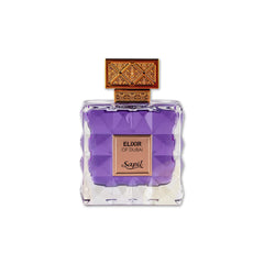 Sapil Elixir of Dubai bottle on vanity, suggesting premium unisex fragrance.