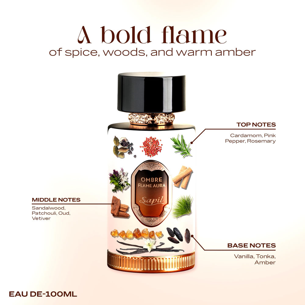 Top notes of cardamom and pink pepper open Sapil Ombre Flame Aura