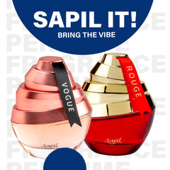 Elegant red-gold Sapil Rouge bottle displayed on velvet surface.