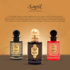Sapil Royale Oud bottle close-up showing luxurious branding and 100 ml size.