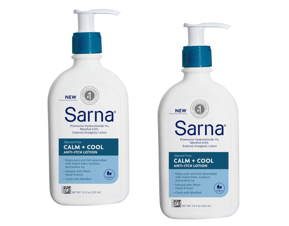 Sarna Calm + Cool Anti-Itch Lotion bottle ready for quick itch relief