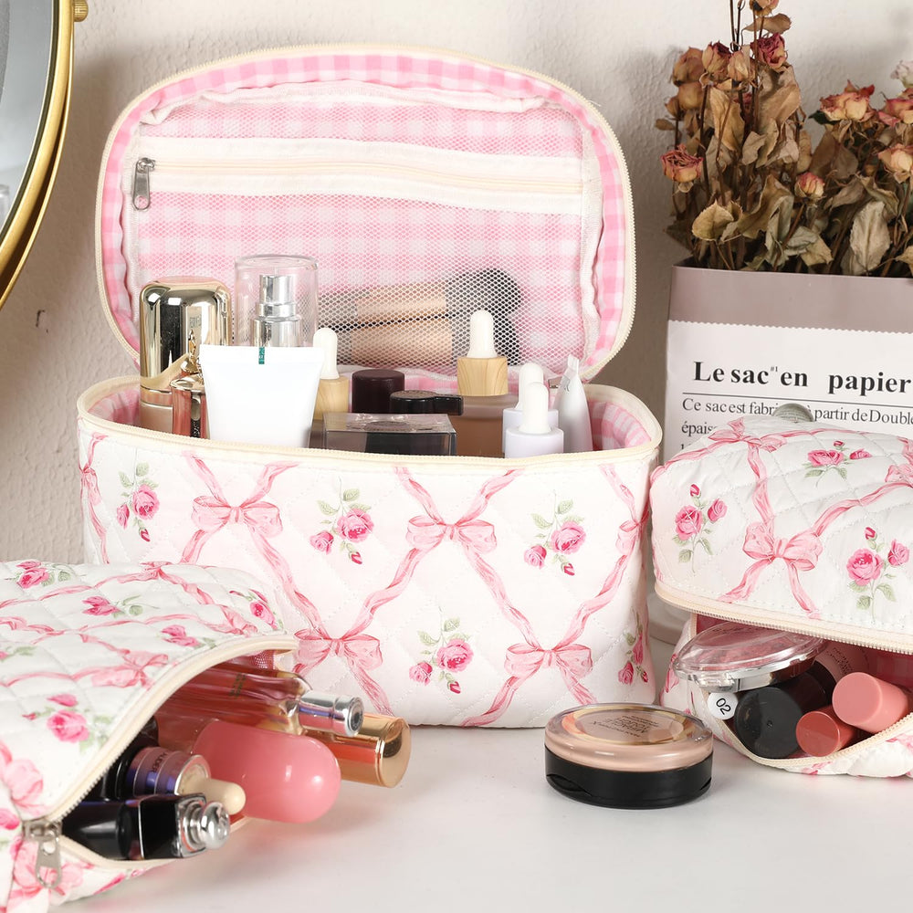 Sarrany makeup pouch with large opening keeps foundations, brushes, and lipsticks easy to access.