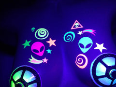Sasswear reflective sticker glows under party lighting for enhanced photos.