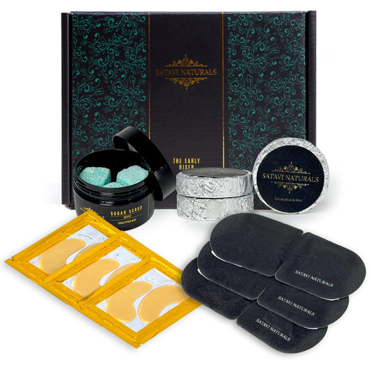 Satavi Naturals spa gift set box front showcasing luxurious at‑home self-care.