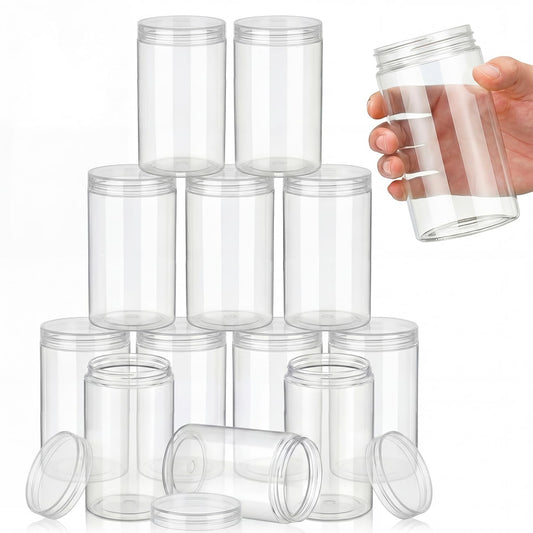 SATINIOR 12-pack clear jars with lids for toiletries and samples, sturdy and refillable.