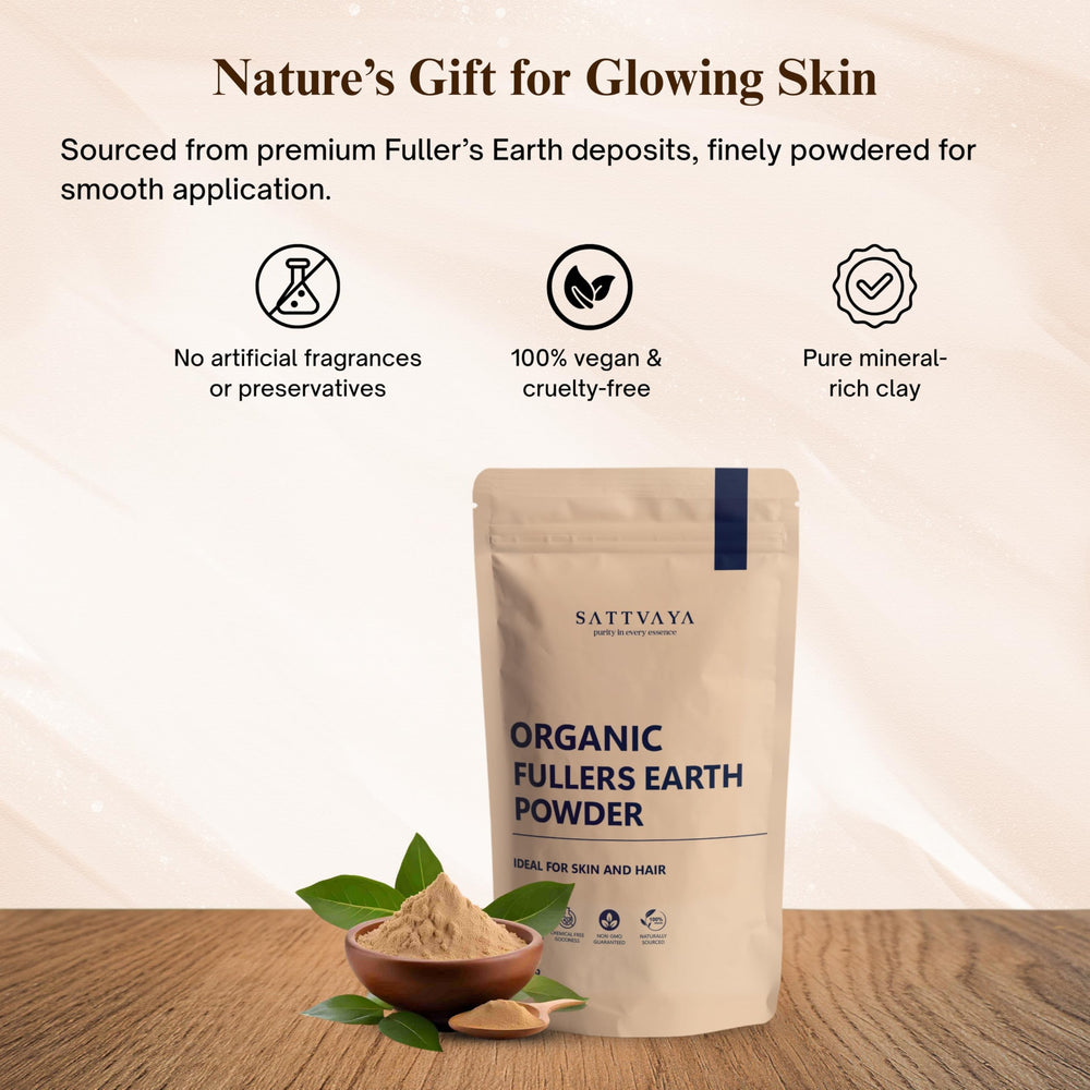 SATTVAYA Multani Mitti powder packaging shot highlighting value pack