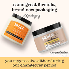 SAUCE BEAUTY Creme Brulee Curl Custard jar closeup highlighting hydrating formula