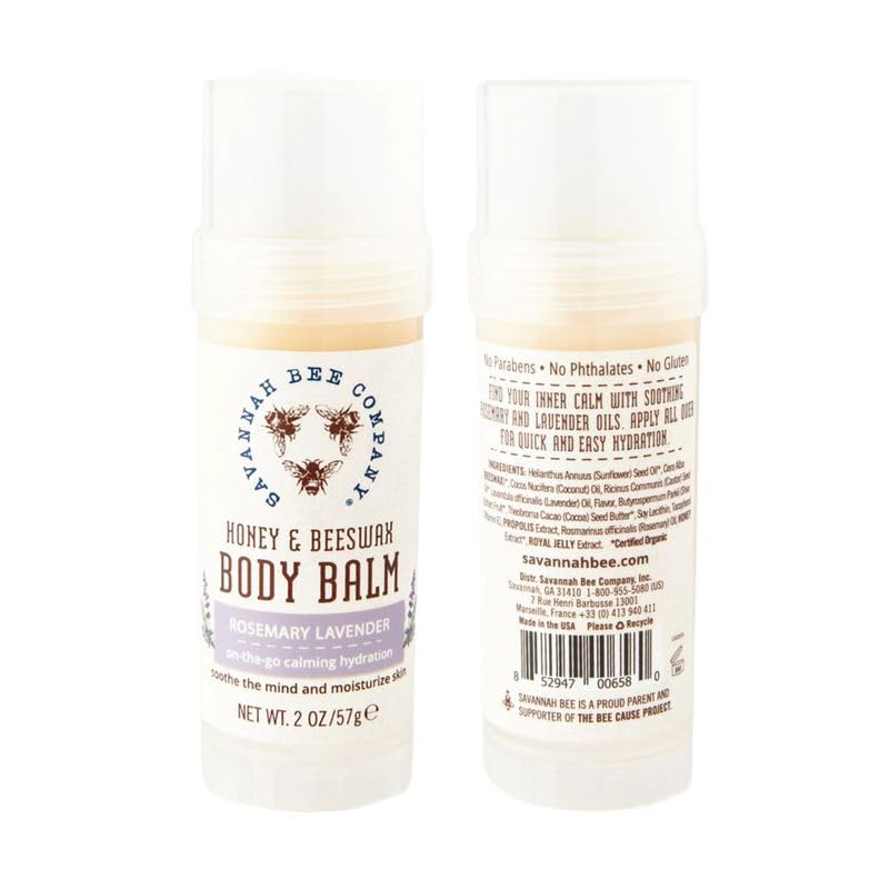 Savannah Bee Company Rosemary Lavender Body Balm rich beeswax and cocoa butter nourishes skin.
