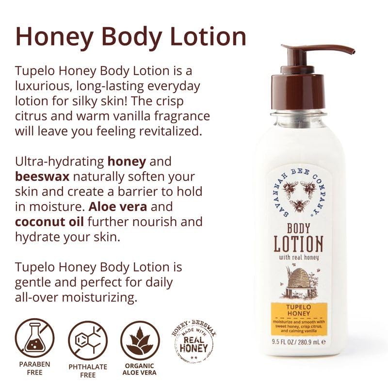 Savannah Bee Company Honey Body Lotion tupelo honey bottle hydrates daily.