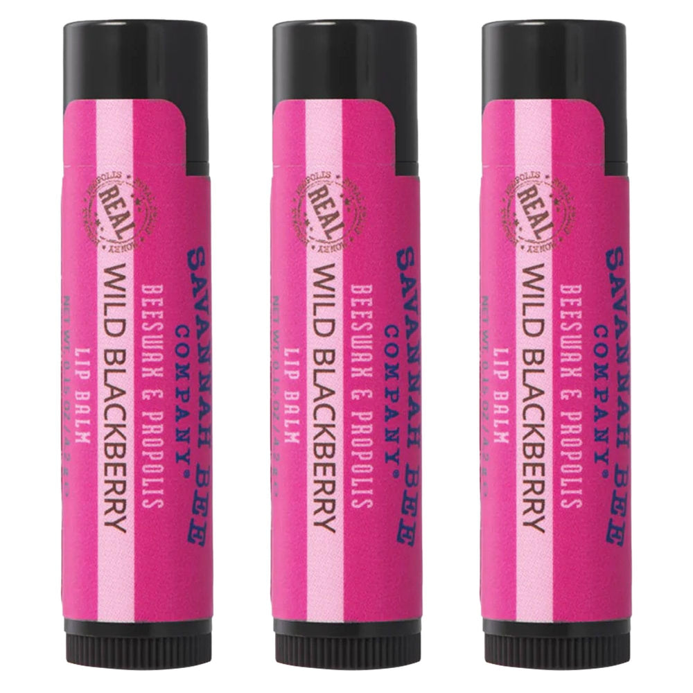 Savannah Bee lip balm wild blackberry 3-pack packaging for on-the-go hydration.
